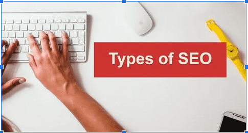 Types of SEO is written on the right side , and a women hand is on the white keyboard 